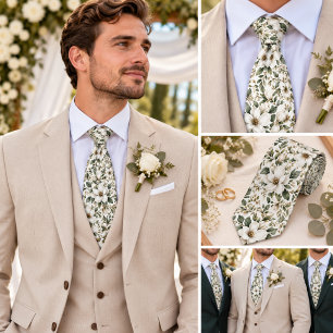 Corbata Boda botánica de magnolia blanca de marfil y verde