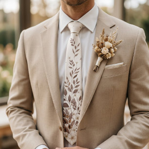 Corbata Boda Botánica Neutral de Crema Marrón Mocha