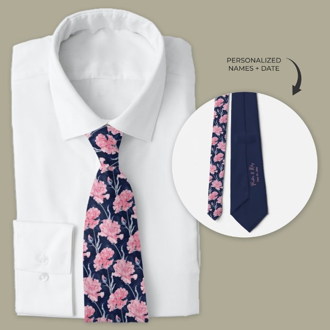 Corbata Boda De Cuello  De Carnación Azul De La Marina (Navy blue necktie with pink carnations. Personalized wedding tie for groom and groomsmen.)