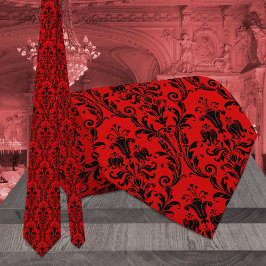 Corbata Boda de damasco floral brillante en rojo y negro
