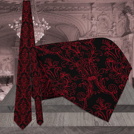 Corbata Boda de Damasco Floral de contorno negro y rojo