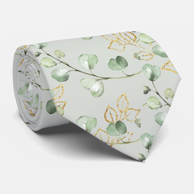 Corbata Boda de eucalipto elegante verde plata dorado (Enrollado)