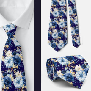 Corbata Boda de flores acuáticas florales de oro azul de l