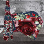 Corbata Boda de la Marina Borgoña Peony Silver Sage Greene<br><div class="desc">Una corbata de cuello boda burdeos de la marina con peonías rojas burdeos pintadas de color agua con vegetación enloquecida contra un fondo azul marino sólido.</div>