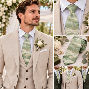 Corbata Boda de lujo en seda verde salvia perla marfil