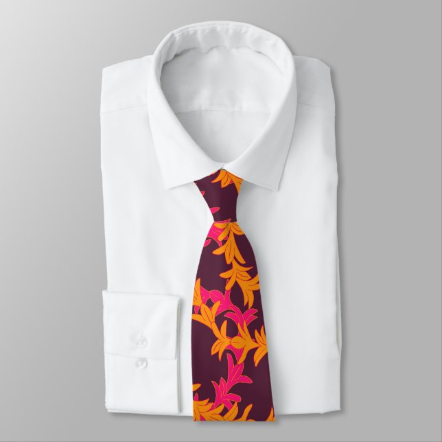 Corbata Boda de playa con patrón de plumeria naranja rosa (Atado)