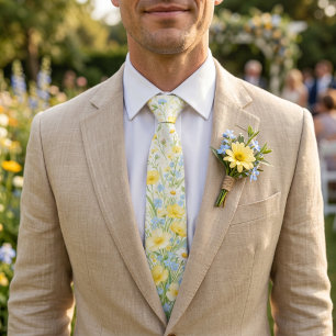 Corbata Boda de Primavera Amarillo Mantequilla Azul Suave