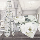 Corbata Boda de Rosas Desdemona Blanca Sage Green<br><div class="desc">Una corbata de cuello boda pintada con una acuarela con rosas Desdemona blancos y eucalipto plateado sobre un fondo verde sabio.</div>
