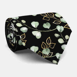 Corbata Boda elegante de verde salvia y oro con eucalipto 