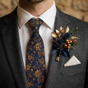 Corbata Boda floral azul marino y dorado antiguo