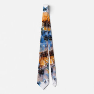Corbata Boda floral de pintura azul y Naranja Groom