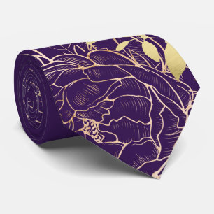 Corbata Boda Floral Moderna Peonía Purpura Falso Dorado