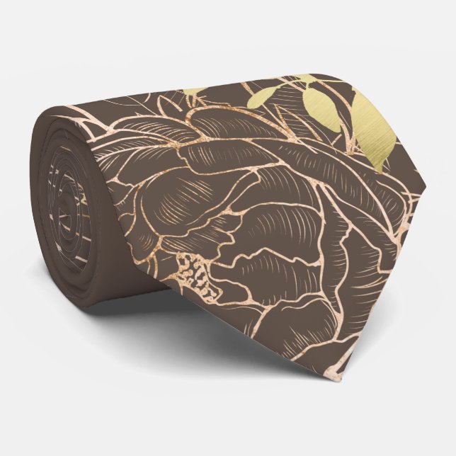 Corbata Boda floral moderno Taupe & Faux Gold Peony (Enrollado)