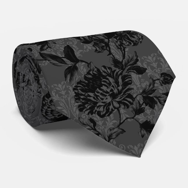Corbata Boda floral negro gótico de carbón vegetal Damask (Enrollado)