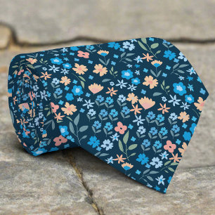 Corbata Boda Floral Silvestre Azul Marino Patrón Pequeño