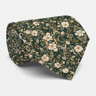 Corbata Boda Floral Verde Bosque Oscuro Marfil Dorado