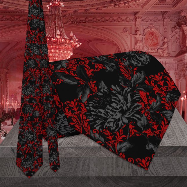Corbata Boda gótico Red & Black Floral Damask (Subido por el creador)
