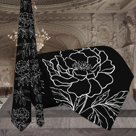 Corbata Boda moderna de peonía de jardín en blanco y negro