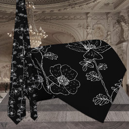 Corbata Boda Moderna Floral de Vid en Blanco y Negro