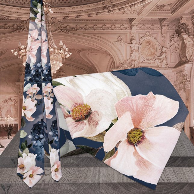 Corbata Boda Navy Blue & Rubor Peonies & Lilies (Subido por el creador)