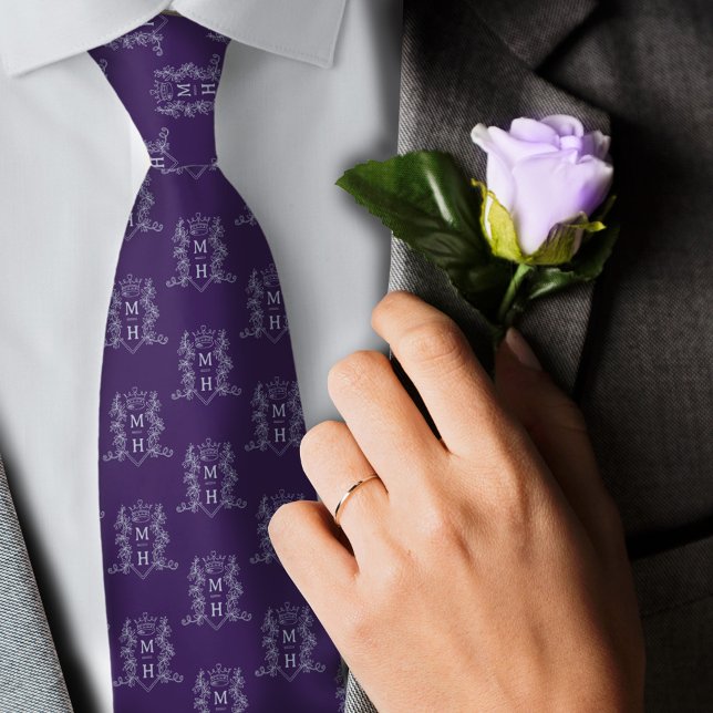Corbata Boda pareja de plata morada monograma corona (Subido por el creador)