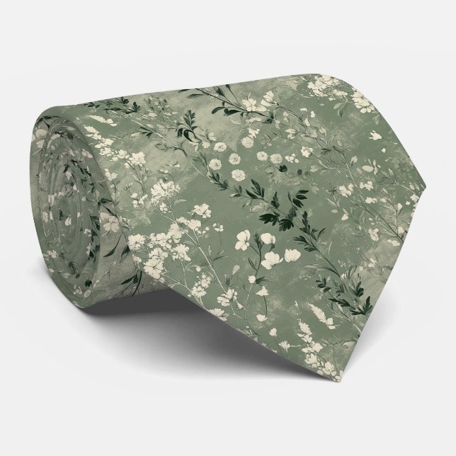Corbata Boda personalizado de Moody Sage Green Wildflower (Enrollado)