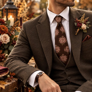 Corbata Boda Romántica de Invierno Cocoa Brown Floral Peon