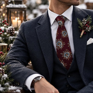 Corbata Boda Romántica de Invierno Diseño Floral Merlot Az
