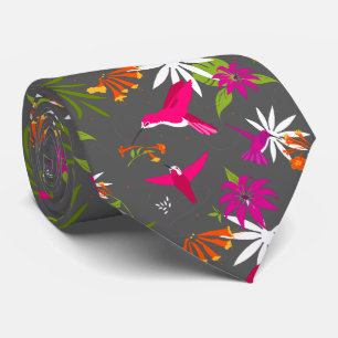 Corbata Boda Tropical Playa Colibrí Rosa Gris