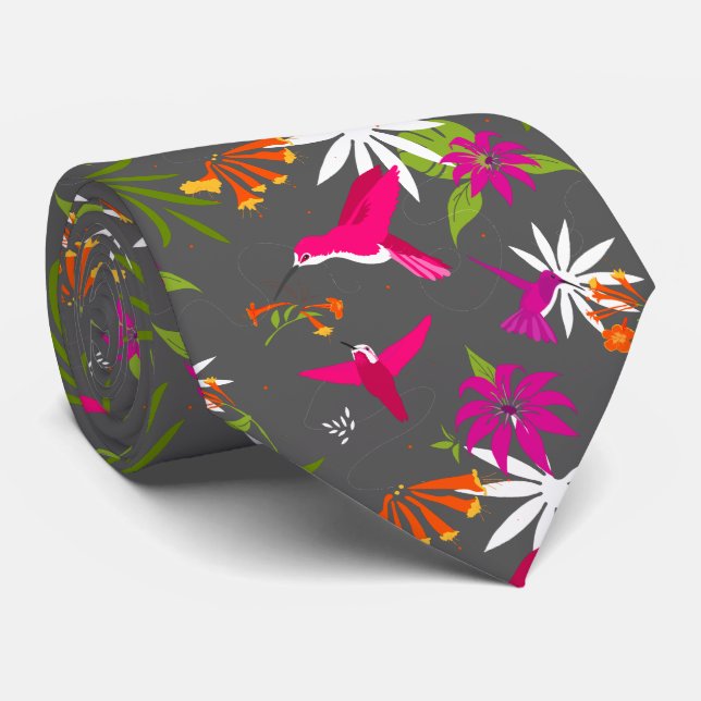 Corbata Boda Tropical Playa Colibrí Rosa Gris (Enrollado)