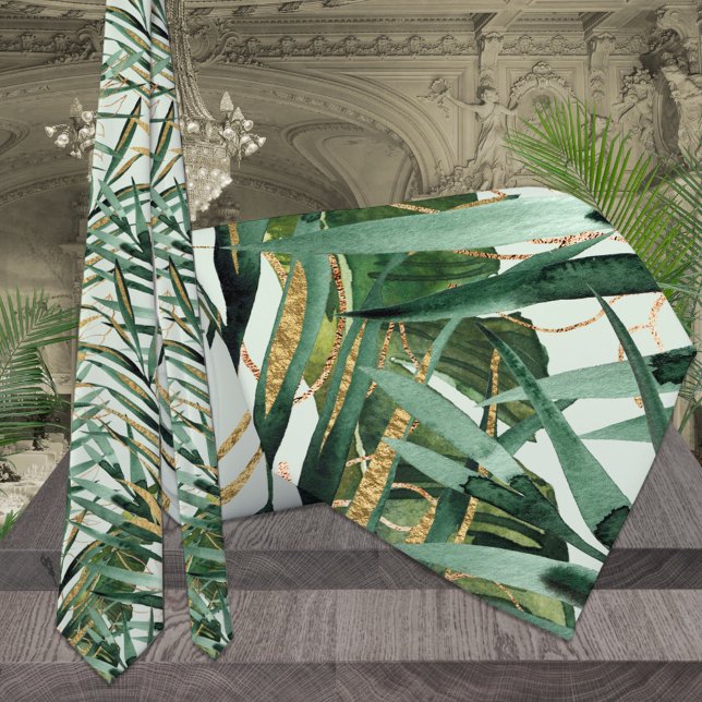 Corbata Boda Tropical Verde y Dorado de Palma Real (Subido por el creador)