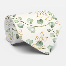 Corbata Boda Verde Salvia y Oro Eucalipto Blanco Crema