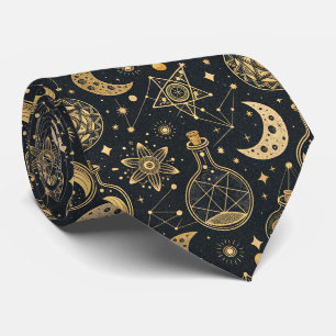 Corbata Boho Celestial con Símbolos de Alquimia Dorados