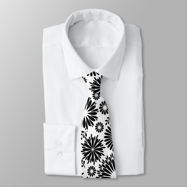 Corbata Boho Chic Negro Blanco Flores Folclóricas y Estall (Atado)