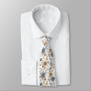 Corbata Boho Floral Gris Marrón Neutro Color Boda Novio