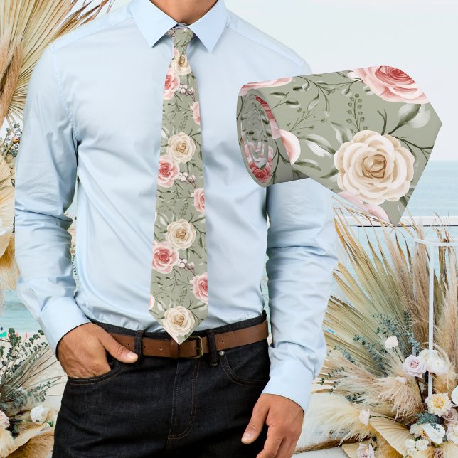 Corbata Boho Verde Salvia Rubor Crema Floral (Subido por el creador)