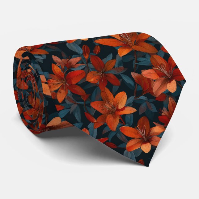 Corbata Bold Orange Lily Floral Pattern on Dark (Enrollado)