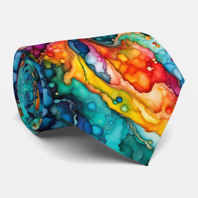 Corbata Bold Rainbow Fluid Art Pattern in Vivid Abstract C (Enrollado)