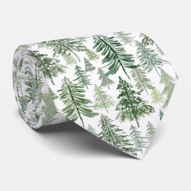 Corbata Bosque de árboles de Navidad en verde sobre blanco (Enrollado)