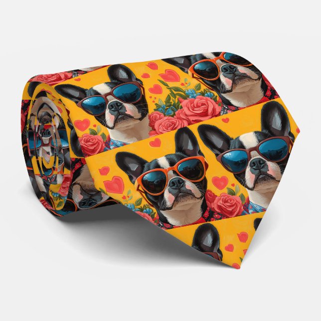 Corbata Boston Terrier con El día de San Valentín de Rosas (Enrollado)