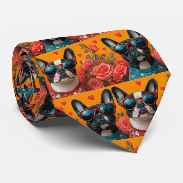 Corbata Boston Terrier con El día de San Valentín de Rosas (Enrollado)