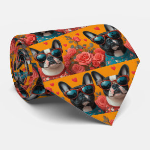 Corbata Boston Terrier con rosas del corazón día de San Va