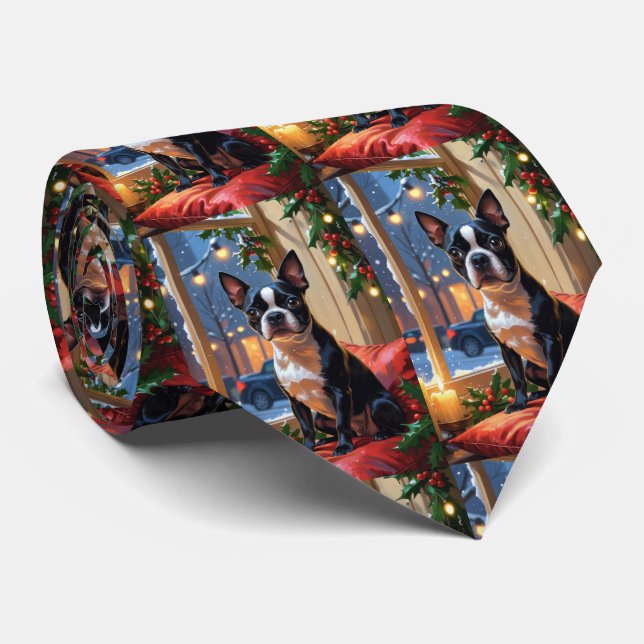 Corbata Boston Terrier con vacaciones de Navidades ilumina (Enrollado)