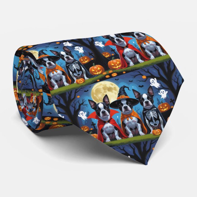 Corbata Boston Terrier Dogs Calabaza Halloween Funny (Enrollado)