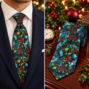 Corbata Botanica de Bayas de Acebo de Navidad Vintage Oscu