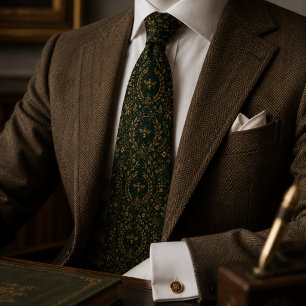 Corbata Botánico de abeja dorada y verde esmeralda oscuro