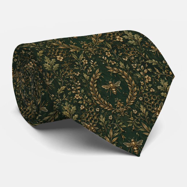 Corbata Botánico de abeja dorada y verde esmeralda oscuro (Enrollado)