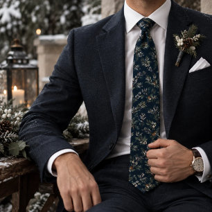 Corbata Botánico de Bayas de Pino Invernal Azul Marino