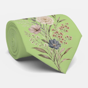 Corbata Botánico Flores Silvestres Bordadas Estilo Verde