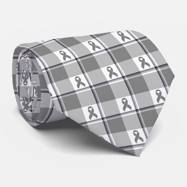 Corbata Brain Cancer Awareness Plaid Gray Ribbon (Enrollado)